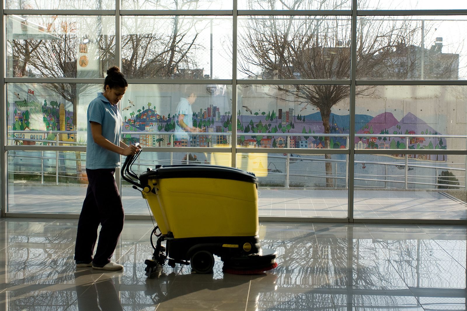 commercial day porters in NE Philadelphia cleaning facility lobby
